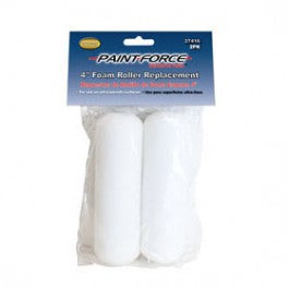This PAINT-FORCE 37416 package includes two white 4 x 3/8 nap foam roller covers, ideal for seamless applications on ultra-smooth surfaces. The label reads PAINT FORCE, and each roller is wrapped in clear plastic for protection and visibility.